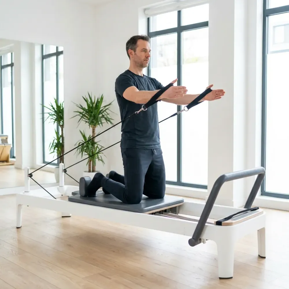 Man doing Pilates with straps on a reformer