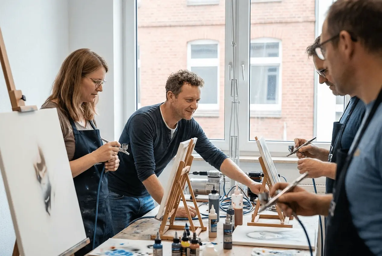 Künstler beim Unterrichten von Airbrush Techniken im Atelier an der Staffelei während eines Realismus Workshops