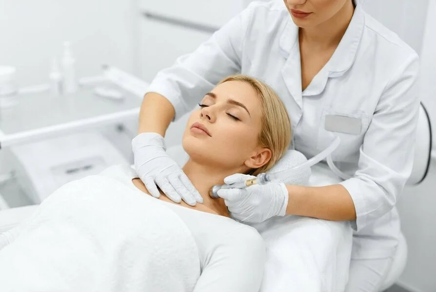 Professionelle Kosmetikschulung an Modell im modernen Unterrichtsraum einer Beauty Akademie für Visagisten