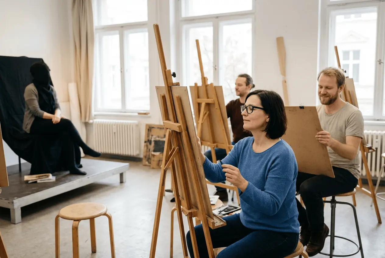 Künstler an der Staffelei beim Aktzeichnen im Atelier während eines Zeichenkurses
