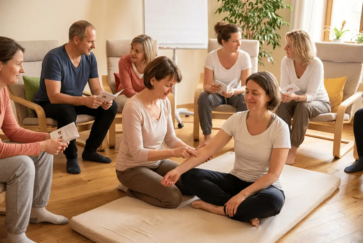 Akupressur Behandlung und TCM Workshop Gruppe in entspannter Atmosphäre
