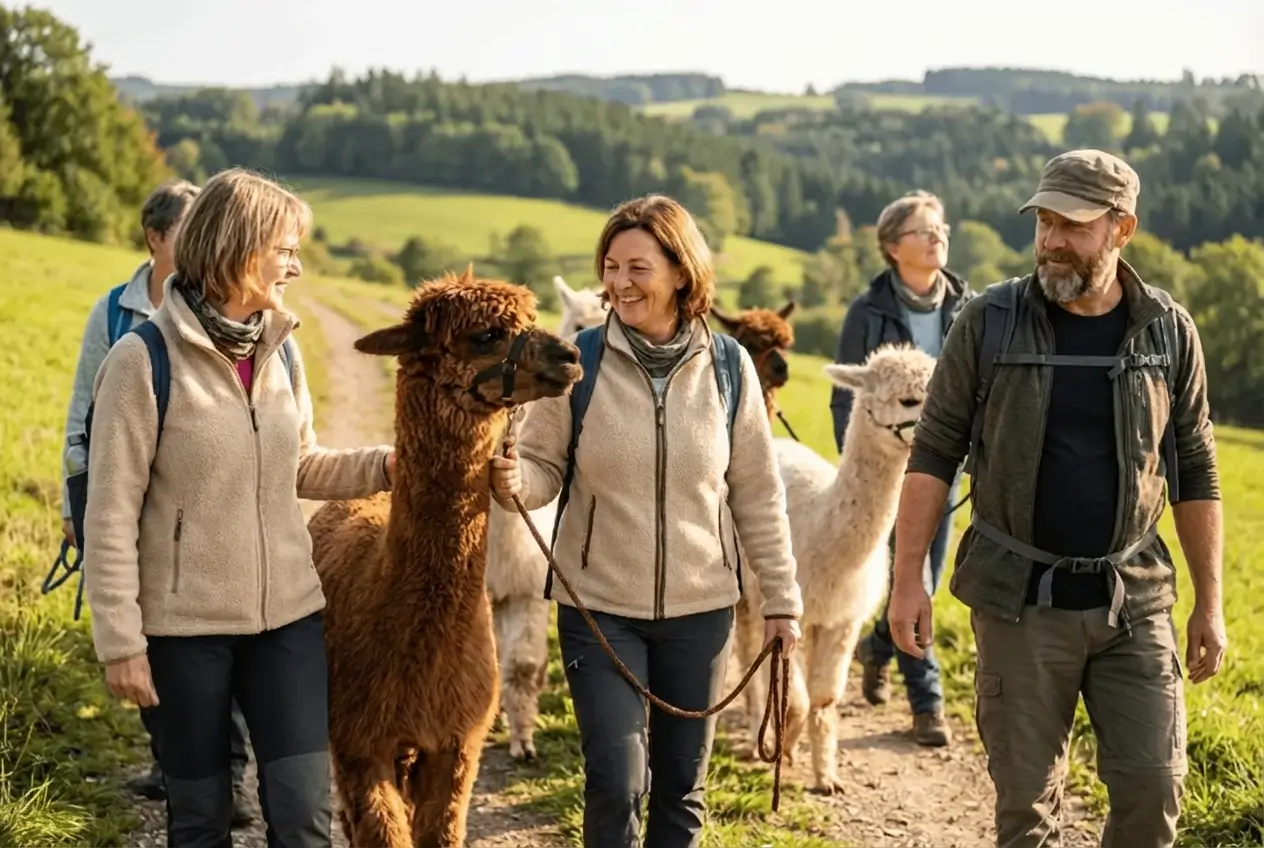 Geführte Alpaka Wanderung durch die Natur mit glücklichen Teilnehmern und Tieren am Halfter für Freizeitangebote