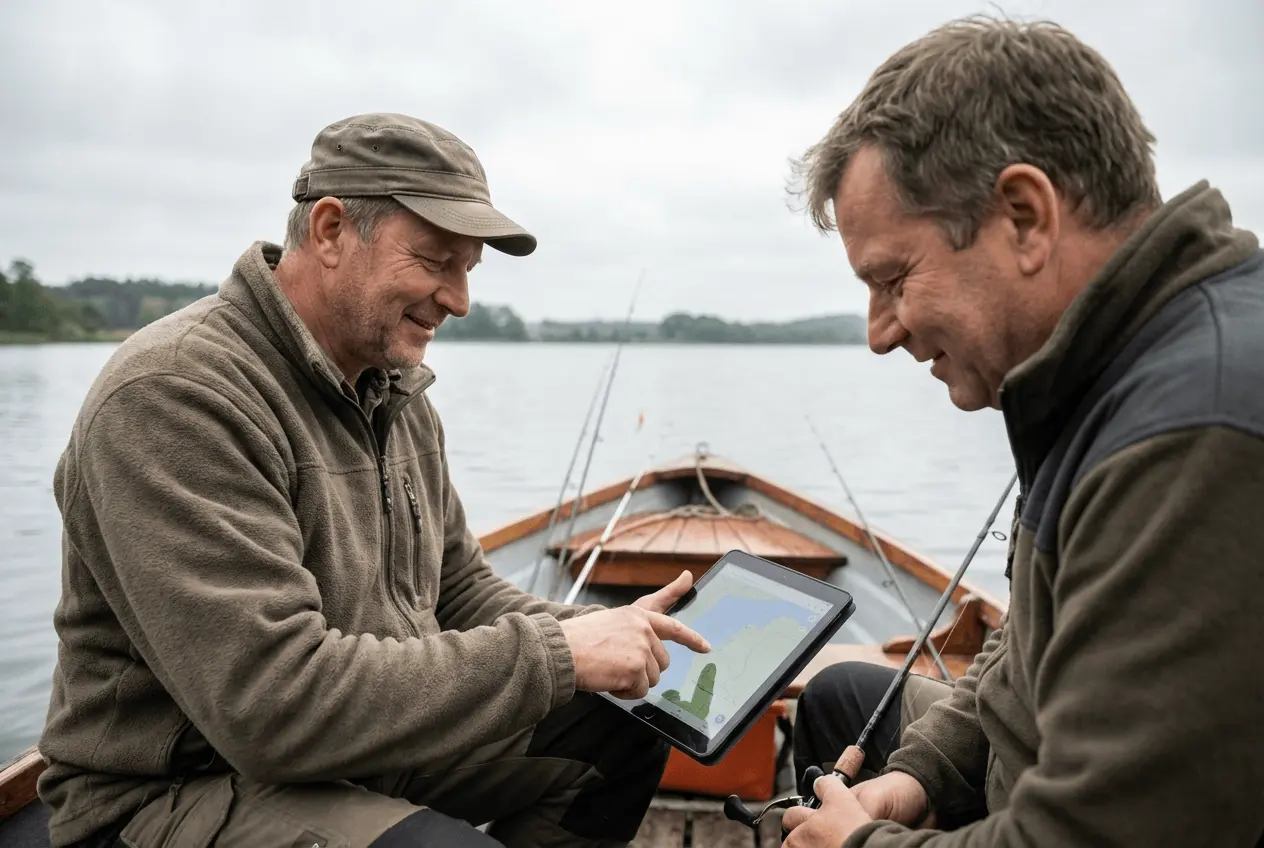 Erfolgreicher Angelguide auf einem professionellen Boot beim Raubfischangeln mit glücklichem Gast und großem Fang