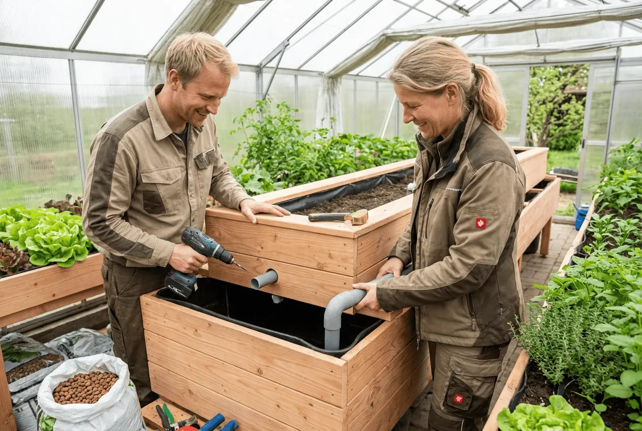 Moderne Aquaponik Anlage mit Fischbecken und Pflanzenbeet im Gewächshaus Systembau