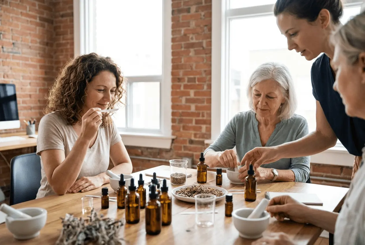 Mischen von ätherischen Ölen im Aromatherapie Kurs mit Teilnehmern und Fläschchen