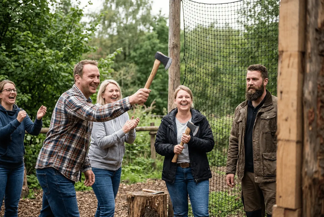 Fröhliche Menschengruppe beim Axtwerfen Teamevent in einer Indoor Halle mit hölzernen Zielscheiben