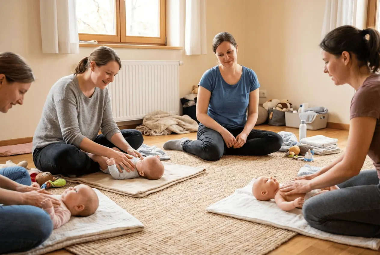 Glückliches Baby bei der Massage im Kurs für Eltern und Kind Bindung stärken