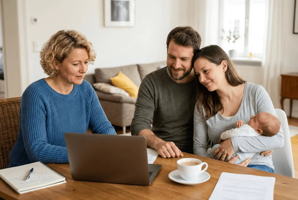 Glückliche Mutter mit schlafendem Säugling nach erfolgreichem Schlafcoaching Termin
