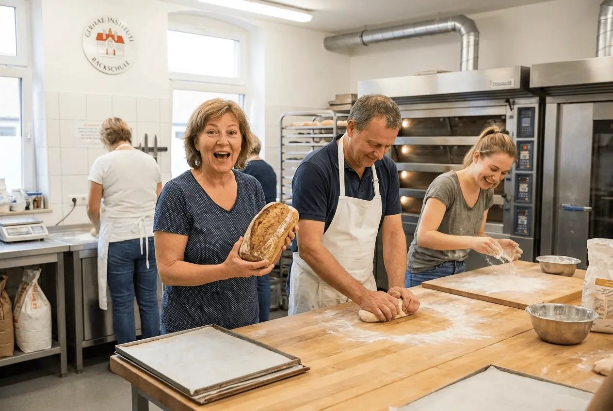 Fröhliche Teilnehmer in einer Backstube beim gemeinsamen Brotbackkurs und Torten dekorieren Workshop