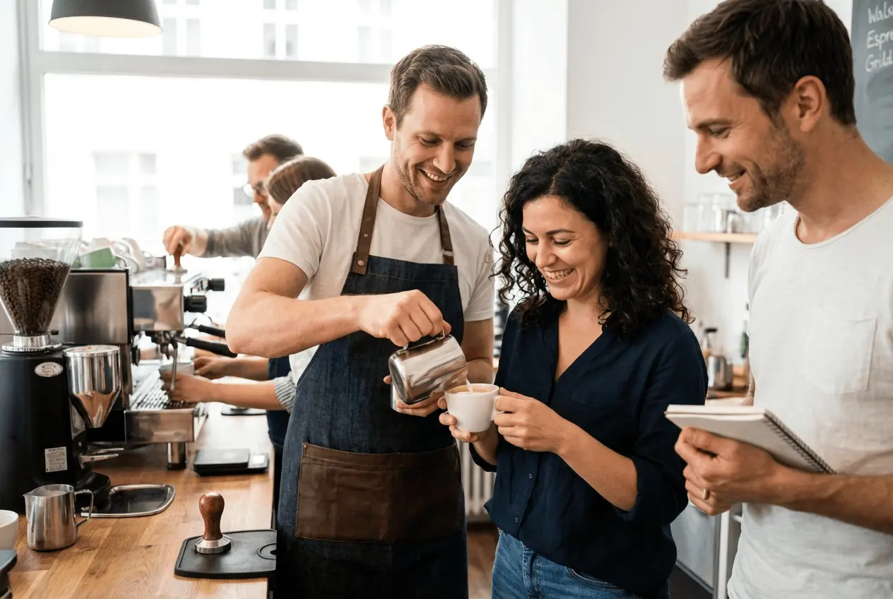 Barista gießt Latte Art Herz in Cappuccino Tasse während Kaffeeschulung am Siebträger