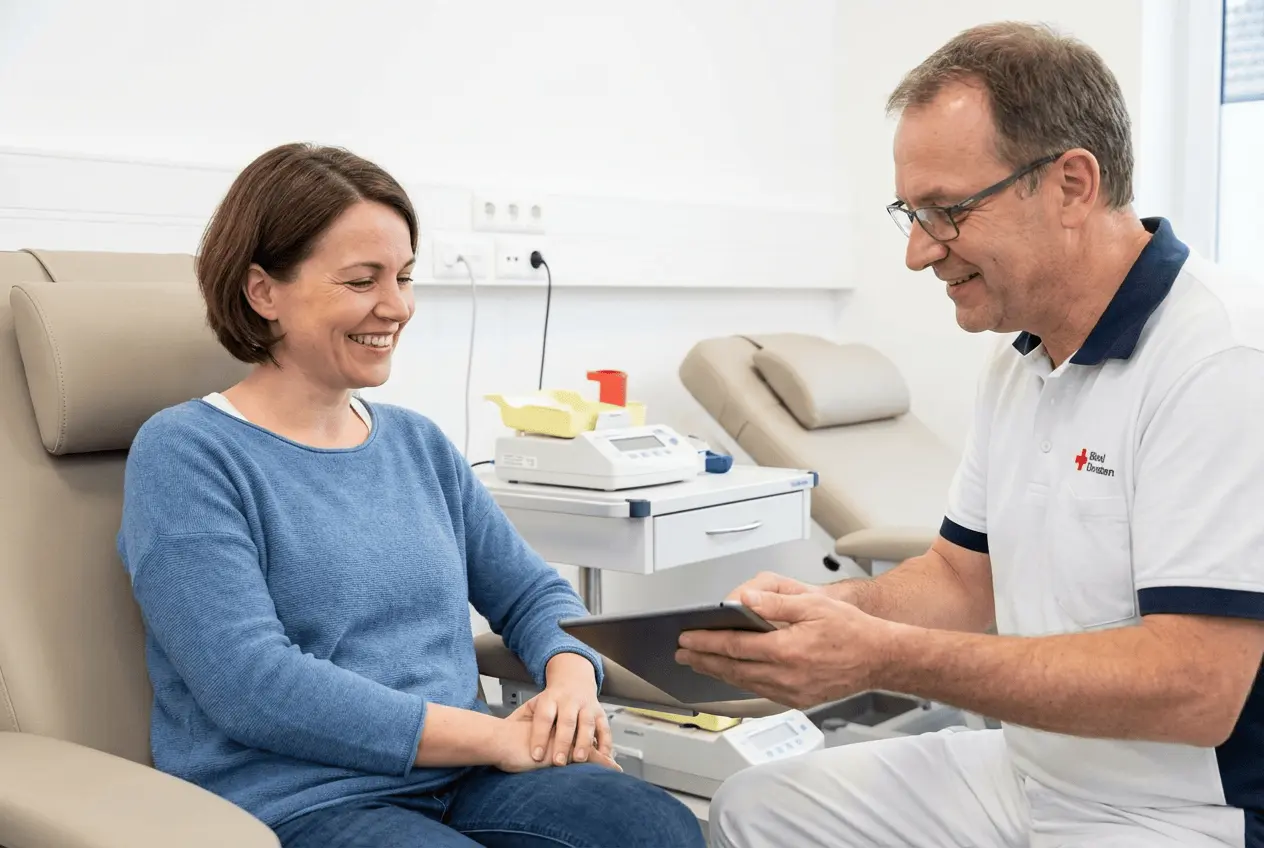 Medizinisches Personal organisiert den Ablauf einer Blutspendeaktion digital via Tablet zur Vermeidung von Wartezeiten