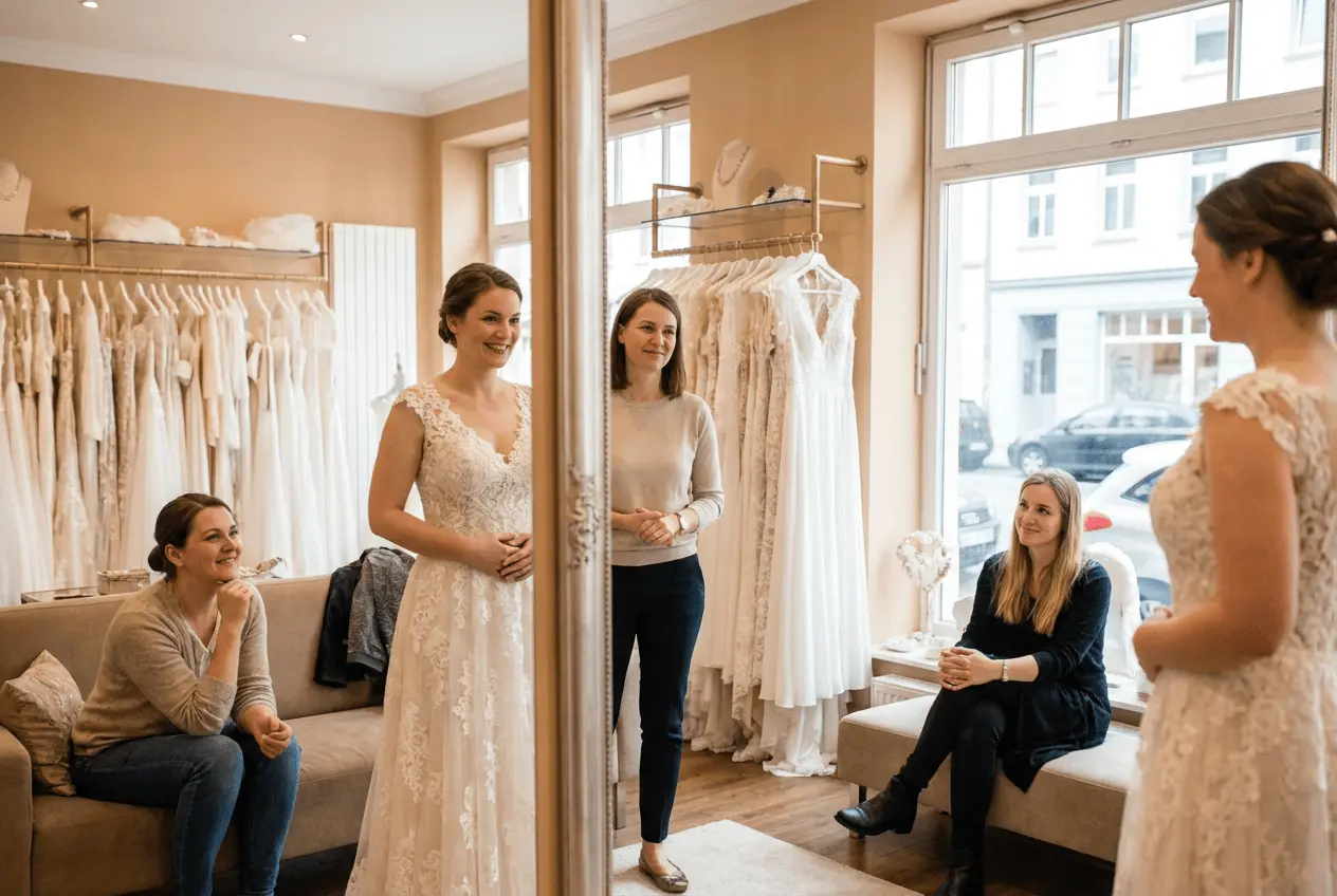 Modernes Brautmodengeschäft mit Hochzeitskleidern und digitaler Terminverwaltung auf Tablet