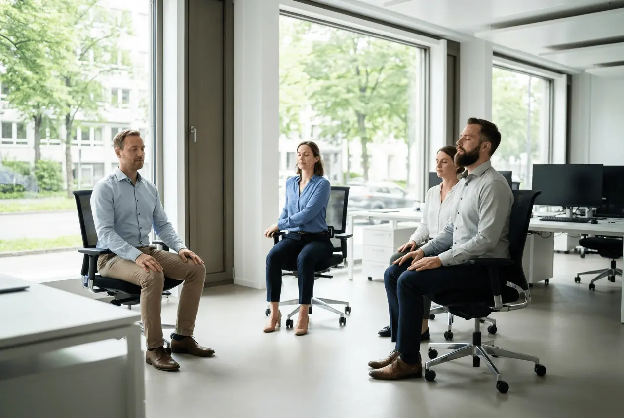 Business Yoga Gruppe im Büro bei Firmenfitness Übungen für betriebliches Gesundheitsmanagement