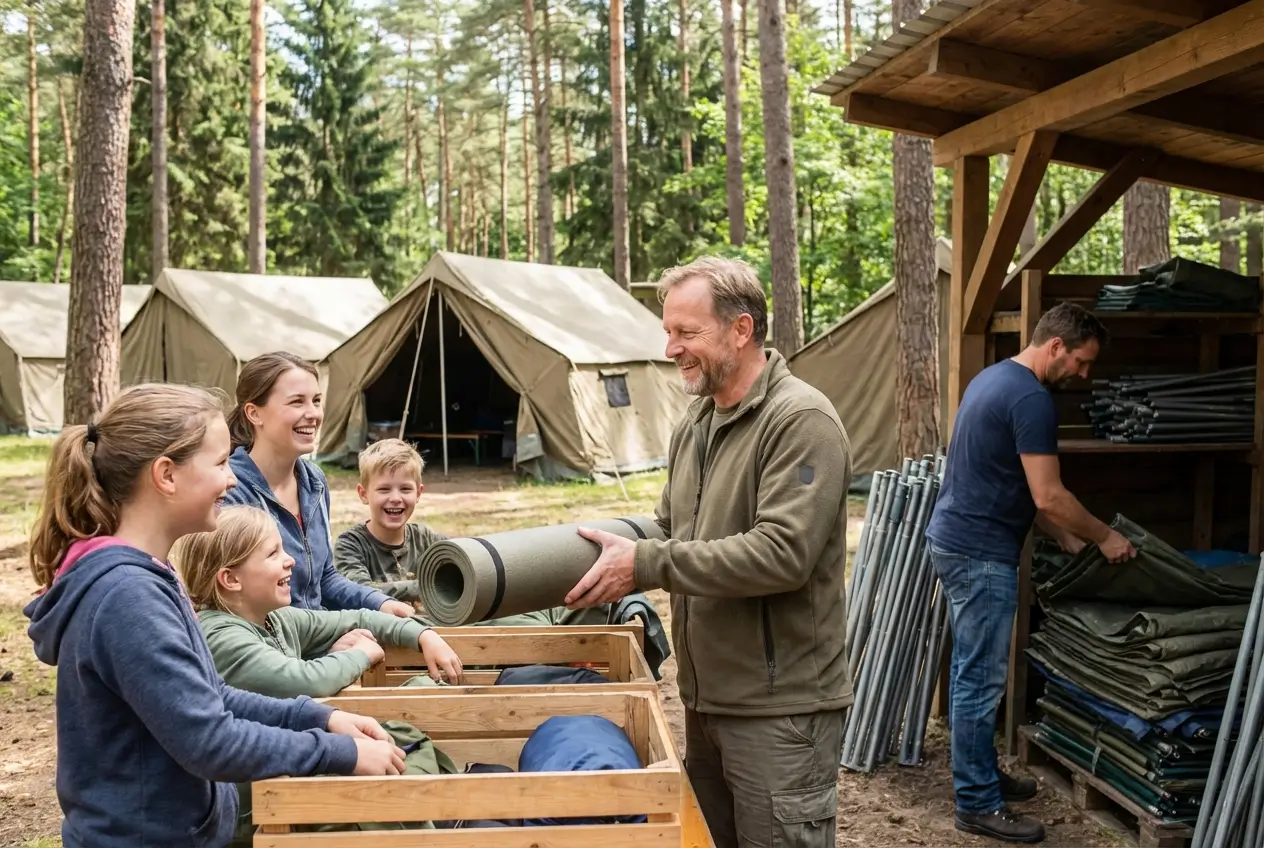 Gruppe glücklicher Kinder bei Bewegungsspielen im Sommercamp auf einer Wiese im Freien