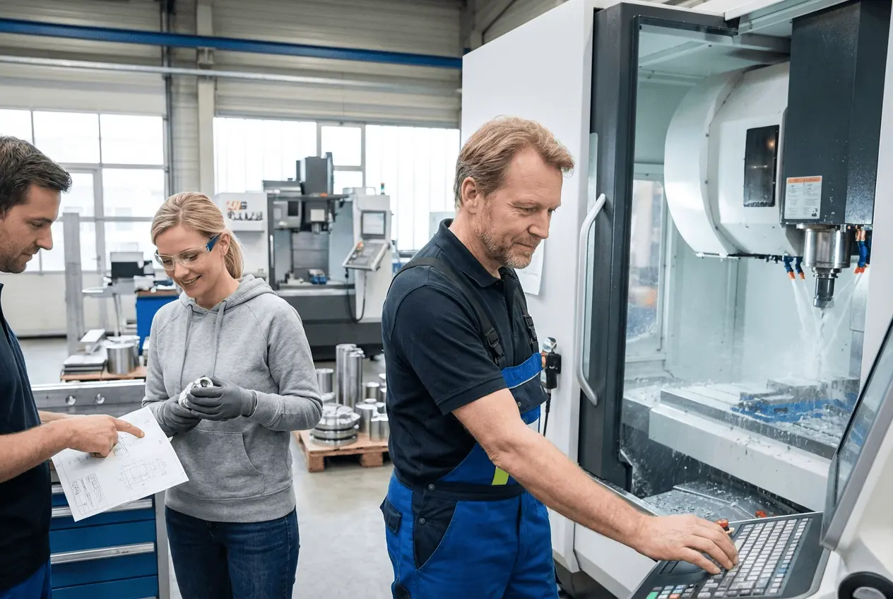 Teilnehmer programmiert CNC-Fräse in einer modernen Werkstatt während eines Zerspanungs-Kurses