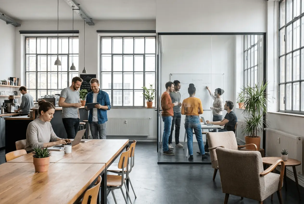 Moderner Co-Working Space mit Meetingräumen und flexiblen Arbeitsplätzen zur Online-Buchung