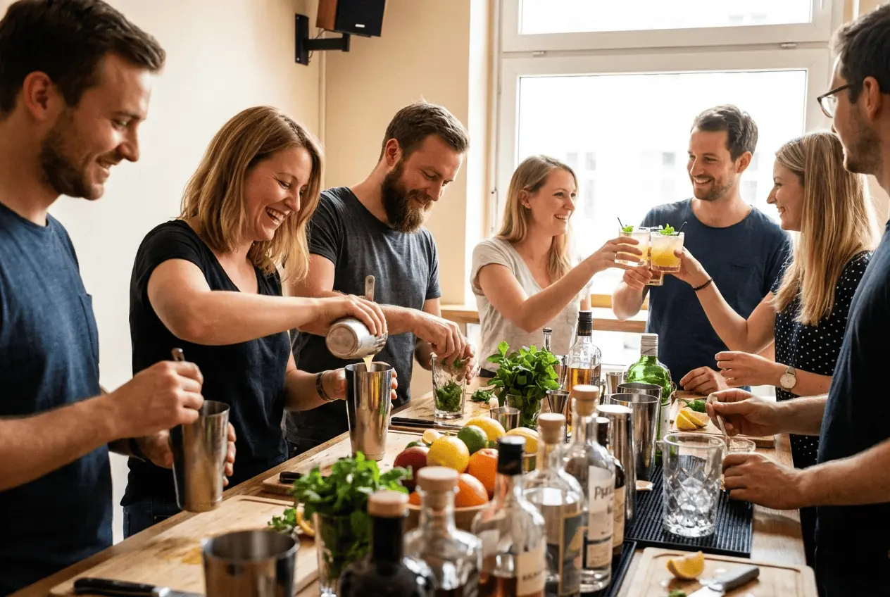 Glückliche Gruppe steht hinter der Bar und mixt bunte Drinks bei einem Cocktailkurs und Tasting Event