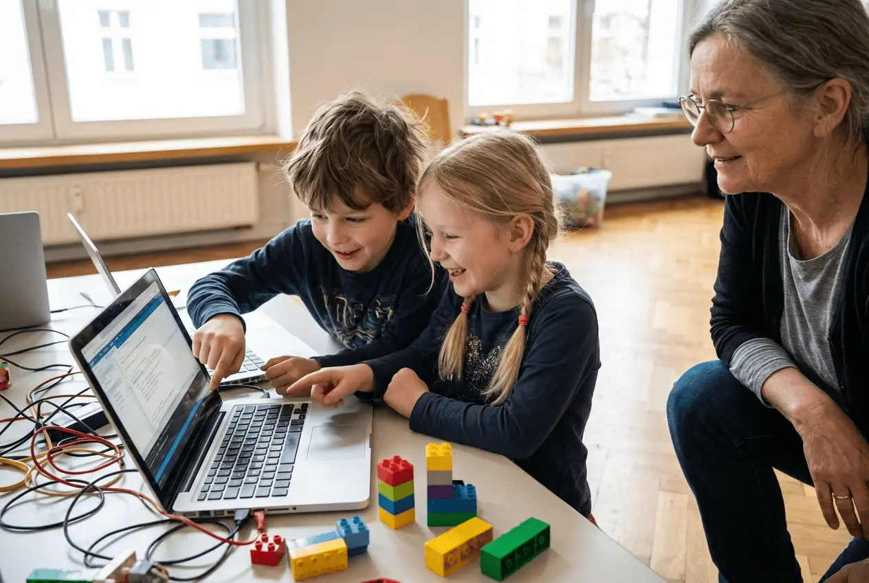 Kinder beim Programmieren lernen am Laptop in einer Coding-Schule während eines Feriencamps