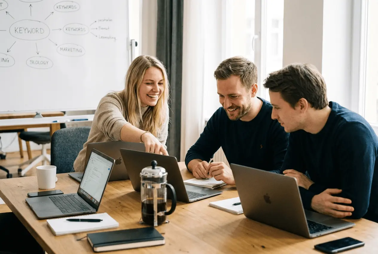 Marketing Team am Laptop bei der Planung von Content Strategien und Online Seminaren