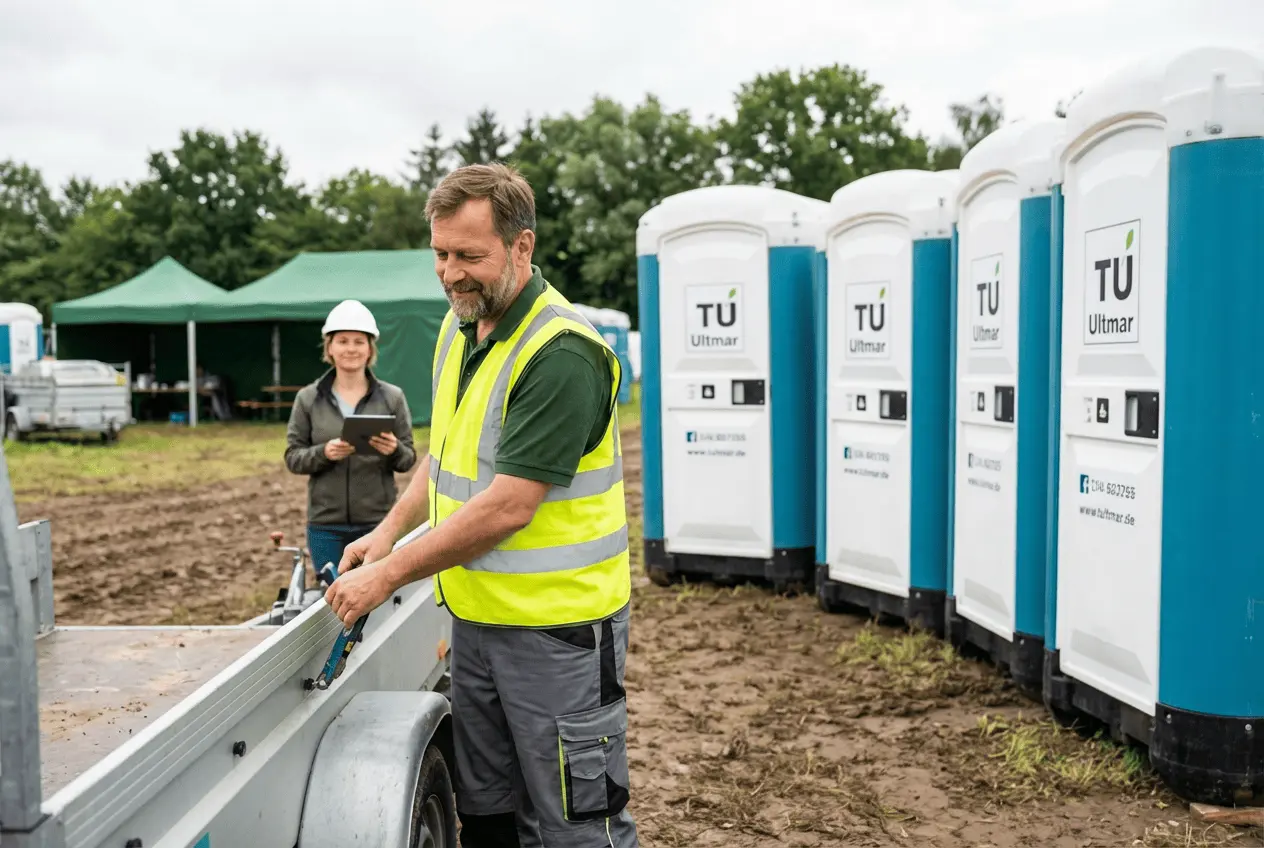 Reihe von mobilen Toilettenkabinen und Sanitärcontainern auf einer Großveranstaltung zur Online Reservierung