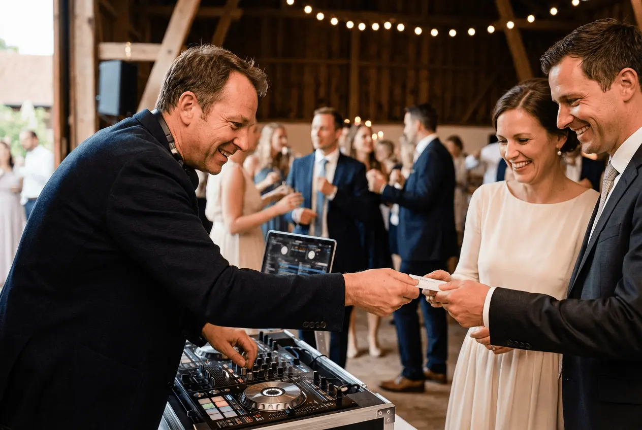 Hochzeits-DJ mit professionellem Equipment und Lichttechnik sorgt für Stimmung auf der Tanzfläche bei Event