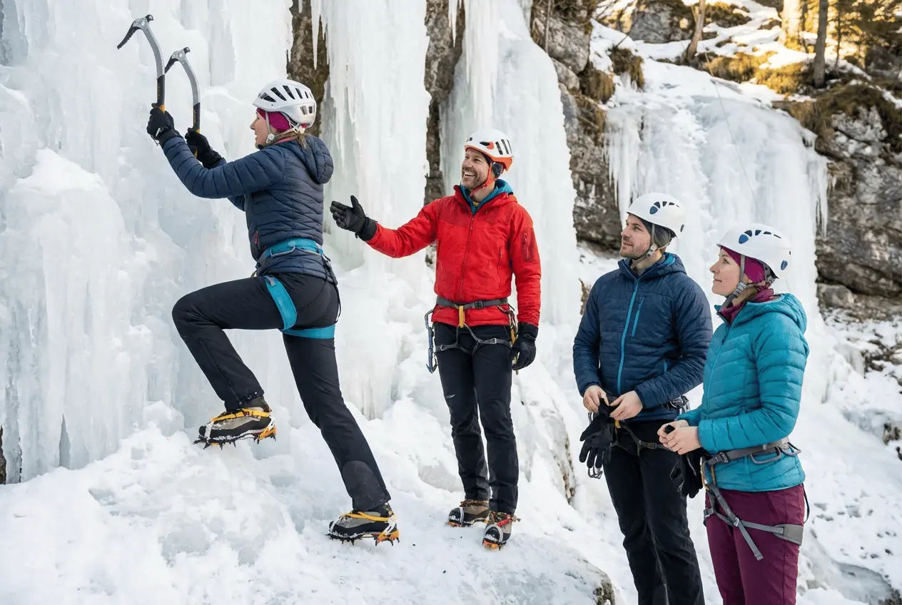 Eiskletterer steigt gefrorenen Wasserfall hoch während Eiskletterkurs mit alpiner Ausrüstung