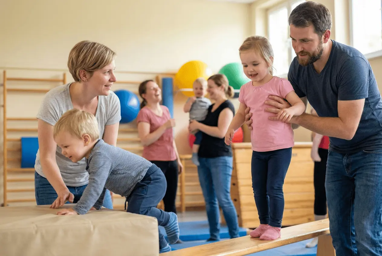Kleinkinder balancieren über eine Bank beim Eltern-Kind-Turnen in einer gut ausgestatteten Turnhalle