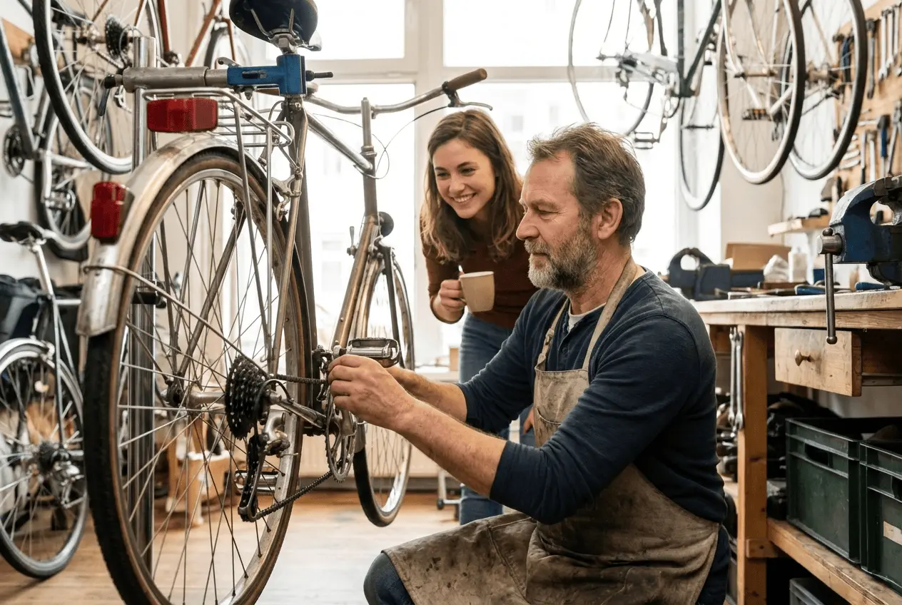 Fahrradmechaniker repariert E-Bike in moderner Werkstatt mit digitaler Terminplanung auf Tablet