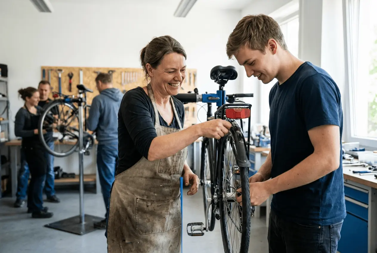 Fahrradmechaniker repariert ein Rennrad am Montageständer in einer gut ausgestatteten offenen Werkstatt