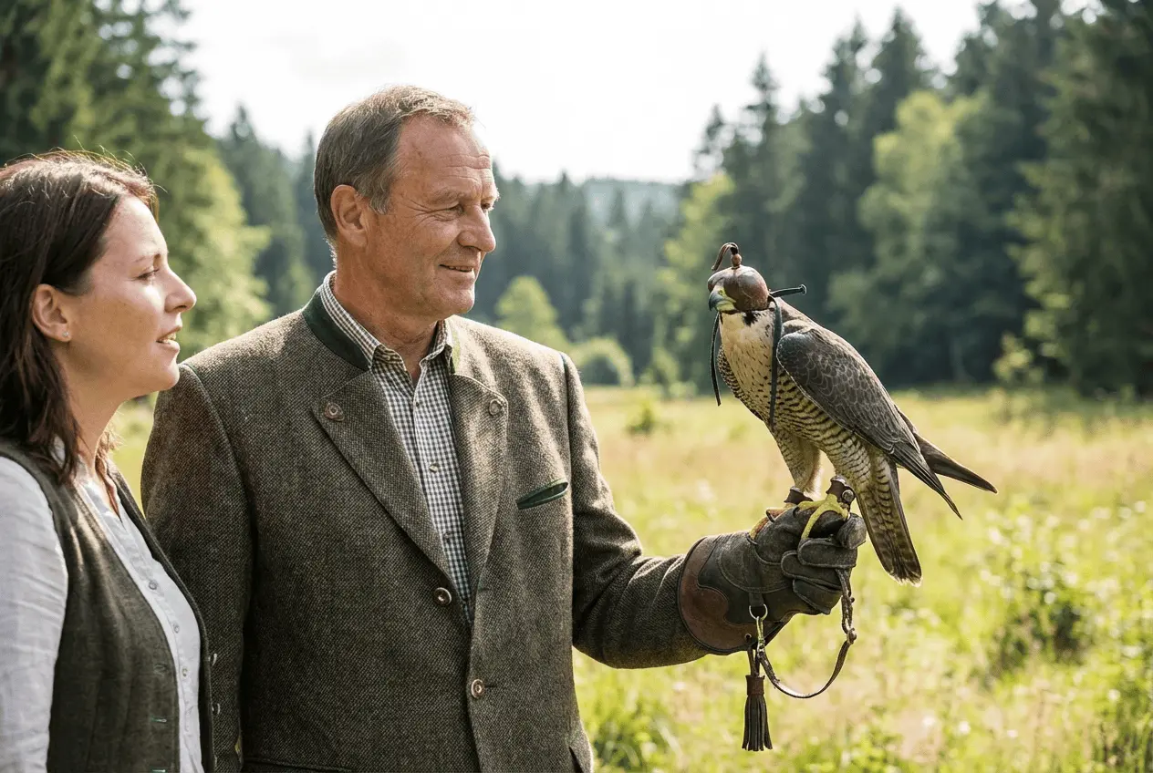 Falkner mit Wüstenbussard auf der Hand bei einer Greifvogelwanderung im Wald