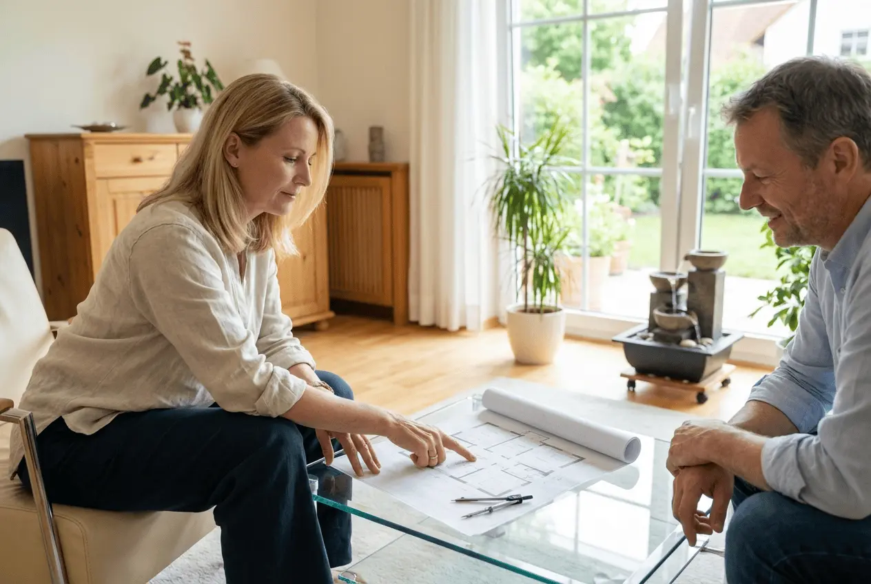 Professionelle Feng Shui Beraterin im harmonisch eingerichteten Homeoffice bei der digitalen Bagua Analyse am Laptop