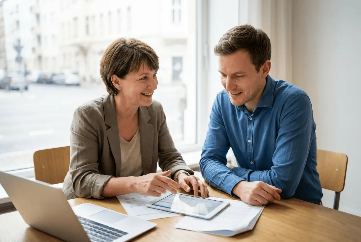 Finanzberaterin nutzt Laptop für Online-Coaching und Workshop-Verwaltung im Bereich Finanzen für Frauen
