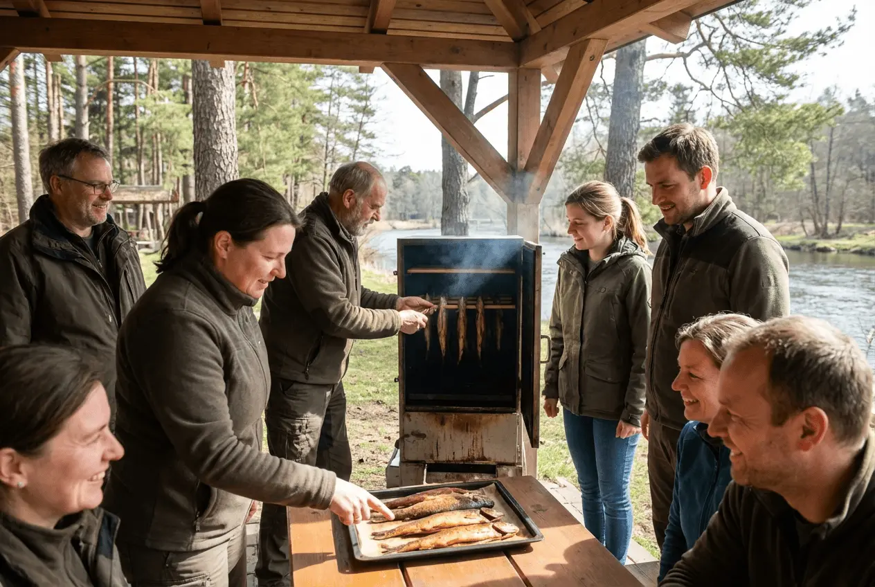 Räuchermeister erklärt einer Gruppe am Räucherofen das Heißräuchern von Forellen und Lachs