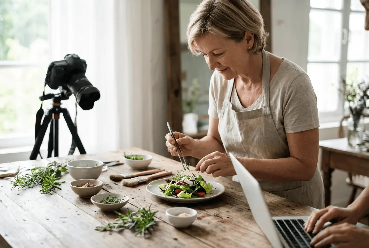 Professioneller Food Stylist arrangiert Gourmet Gericht am Fotografie Set mit Lichttechnik für das perfekte optische Ergebnis