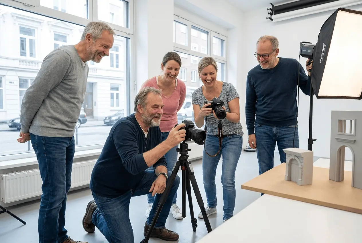 Fotograf erklärt Teilnehmern Kameraeinstellungen im professionellen Fotostudio Workshop