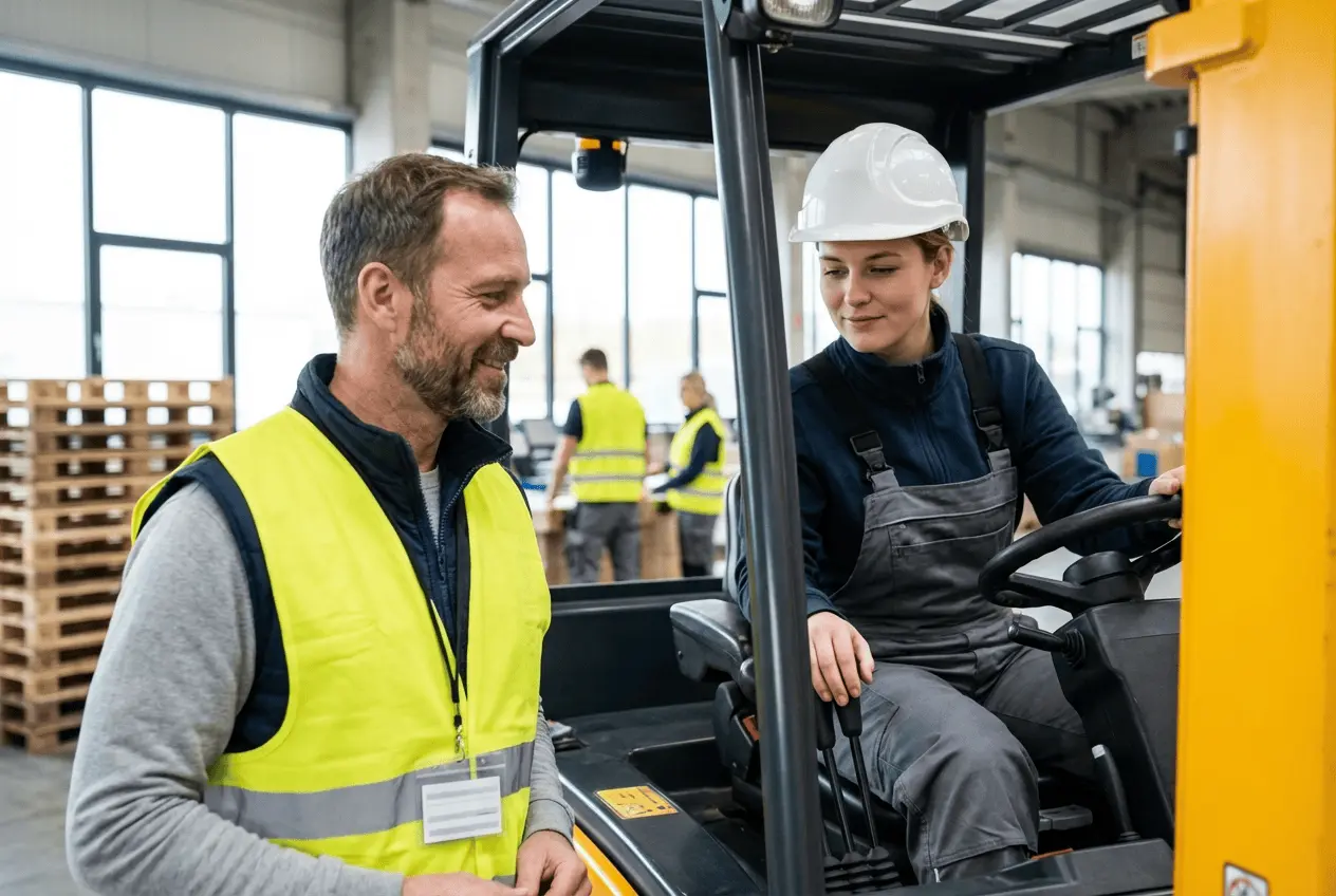 Gabelstaplerfahrer macht Prüfung in Lagerhalle Ausbildung Logistikzentrum