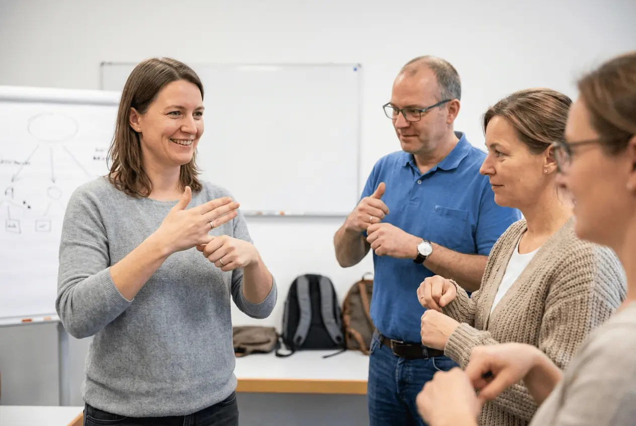 Dozent unterrichtet Deutsche Gebärdensprache DGS in einem Seminarraum einer Sprachschule vor Schülern