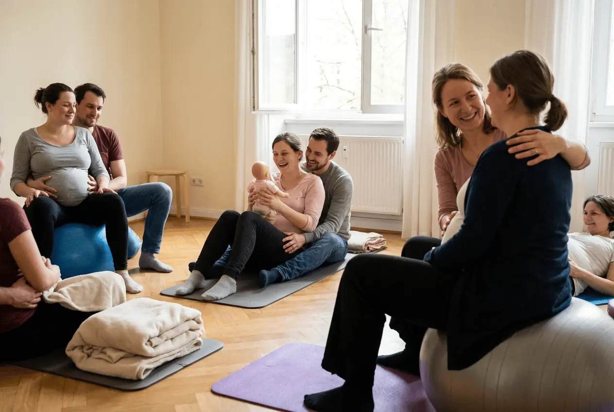 Hebamme leitet einen Geburtsvorbereitungskurs für werdende Eltern in einer Praxis