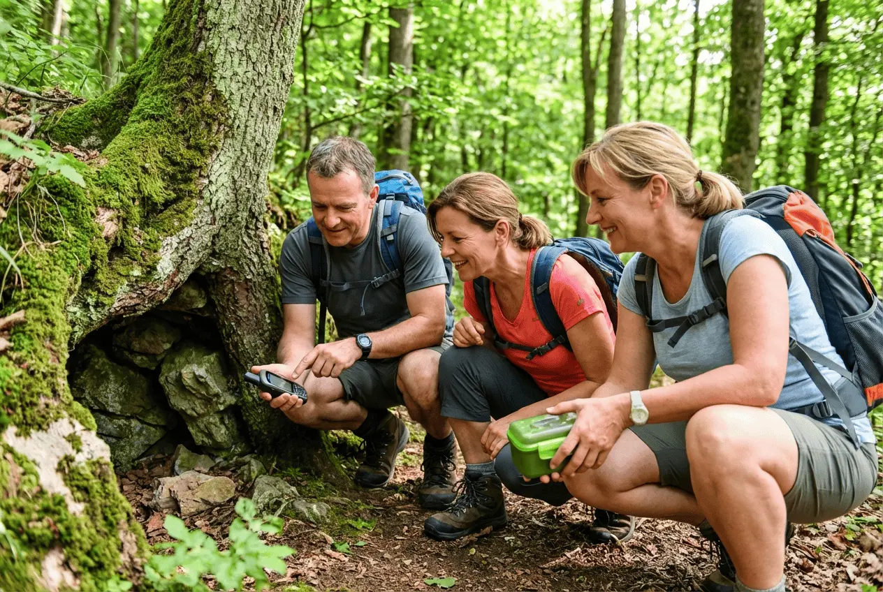 Gruppe bei einer Geocaching Tour im Wald mit GPS Gerät
