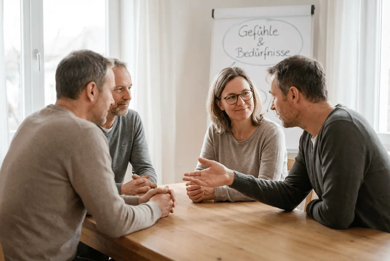 Gruppe sitzt im Stuhlkreis bei einem Seminar für gewaltfreie Kommunikation und übt empathisches Zuhören