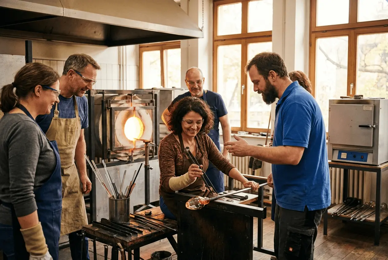 Glasbläser arbeitet an der Glasmacherpfeife am heißen Ofen in einer professionellen Glashütte während eines Workshops