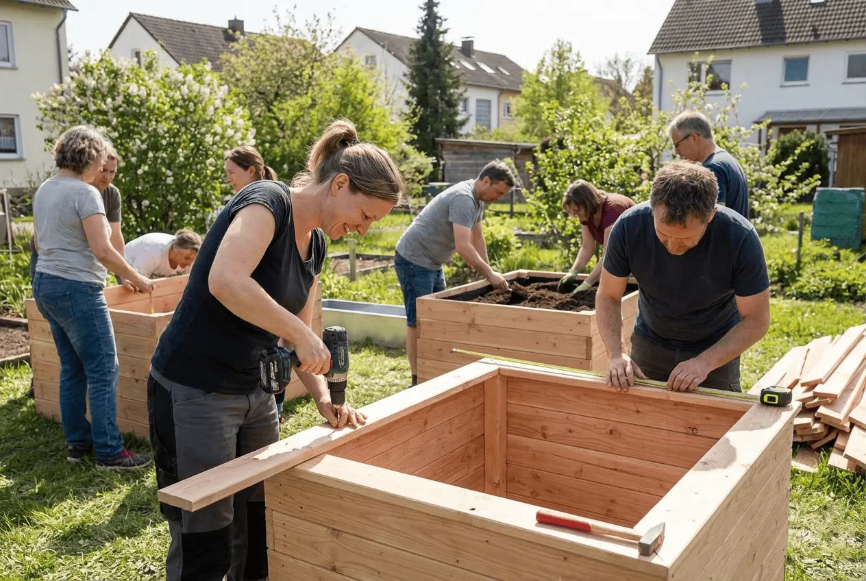 Teilnehmer beim Hochbeet Bau Workshop im Garten mit Holz und Erde