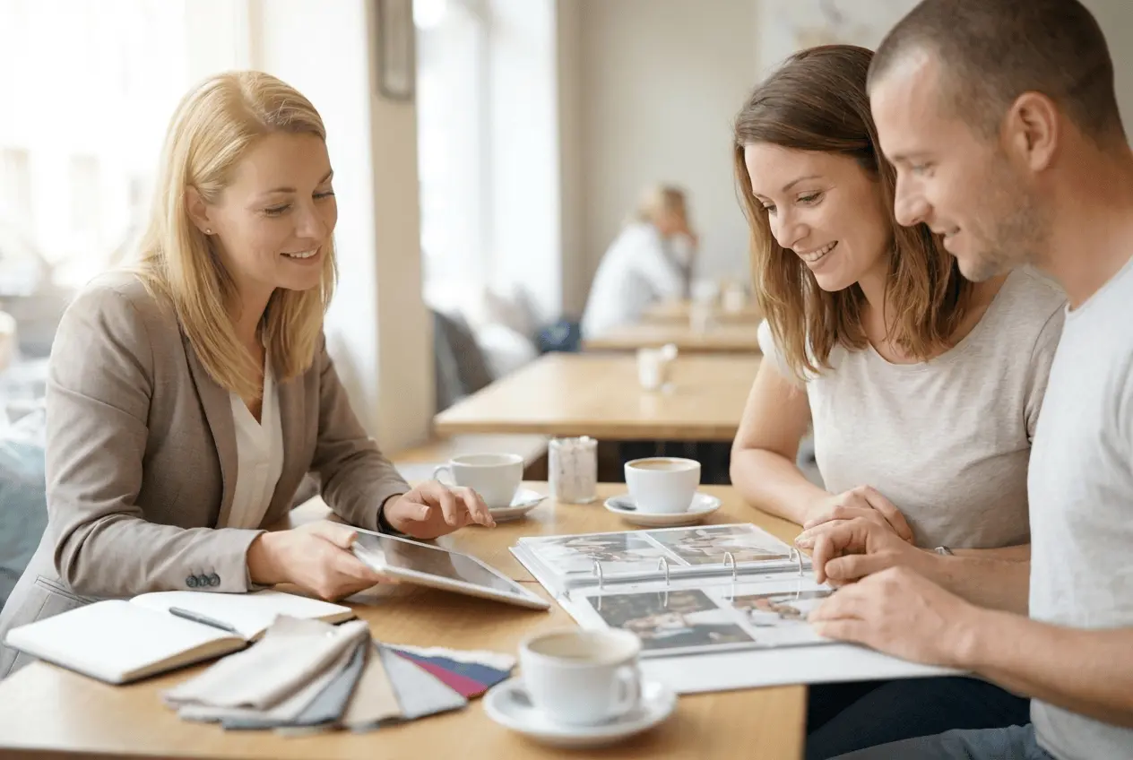Hochzeitsplanerin organisiert Termine und Beratung für Brautpaare online am Laptop