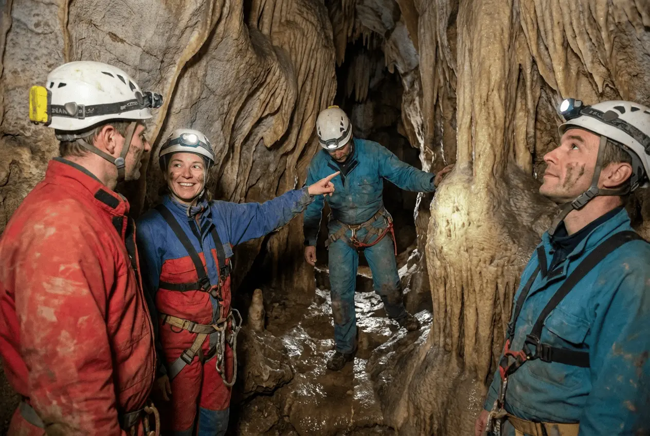 Professionelle Höhlenerkundung Speläologie Führung mit Gruppe und Ausrüstung in einer Höhle