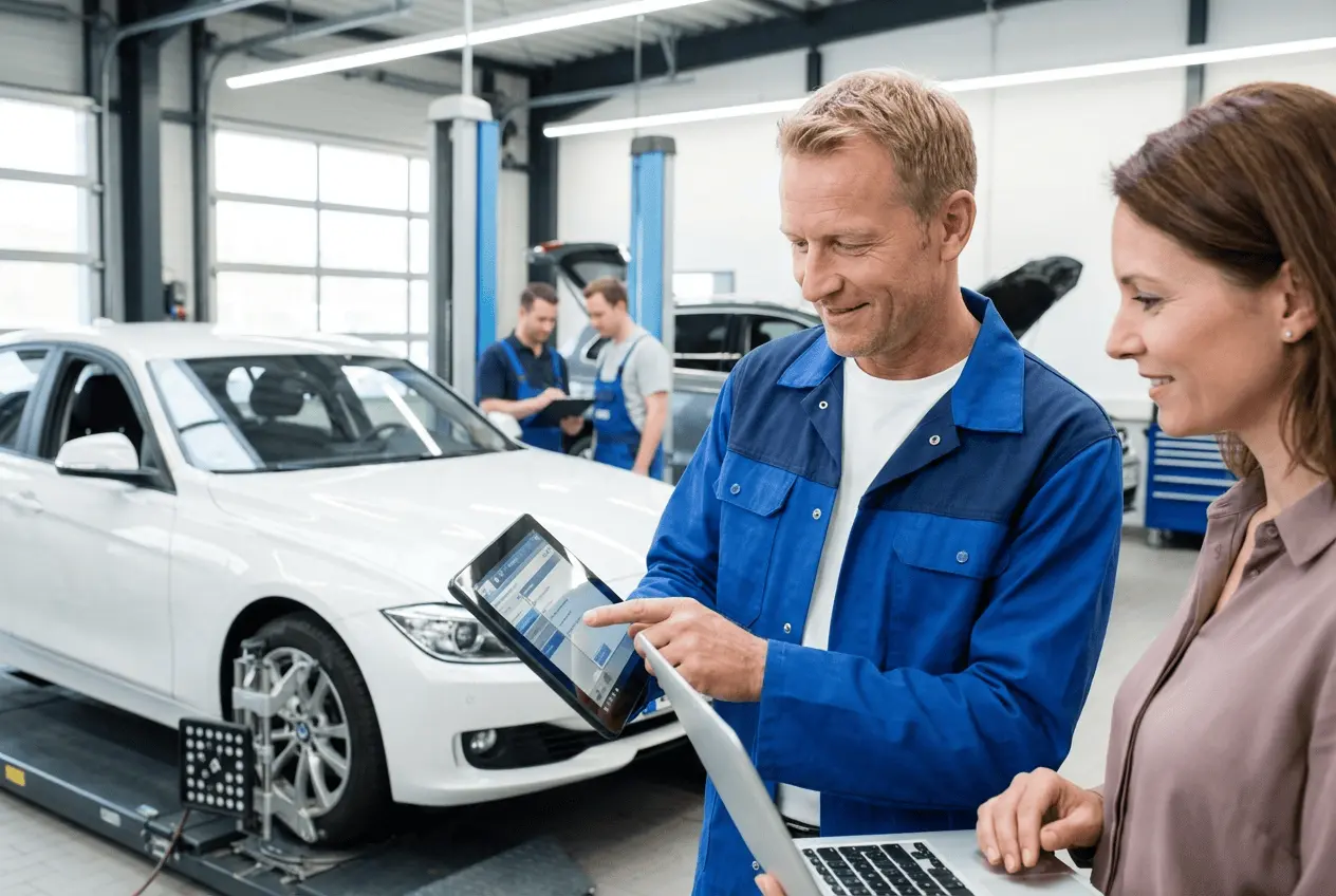 KFZ Sachverständiger bei der Hauptuntersuchung und Abgasuntersuchung in der Werkstatt