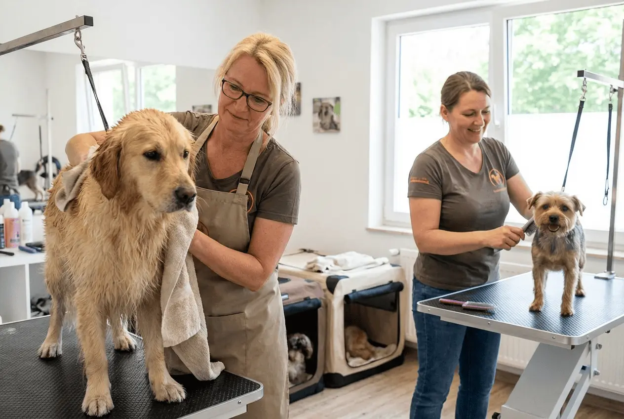 Glücklicher Hund auf dem Trimmtisch während der Fellpflege im professionellen Hundesalon