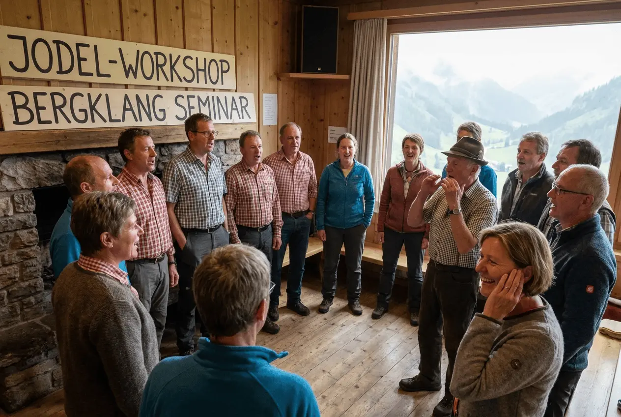 Jodel-Workshop Gruppe auf einer Almhütte beim Jodeln lernen und Singen