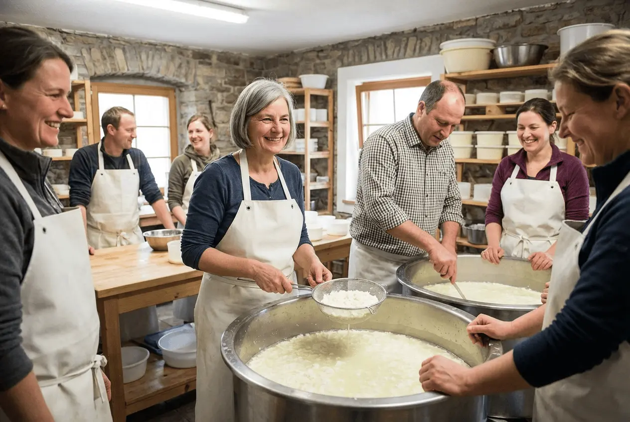 Käseherstellung in einer Käserei während eines Workshops mit frischen Zutaten und Käseharfe