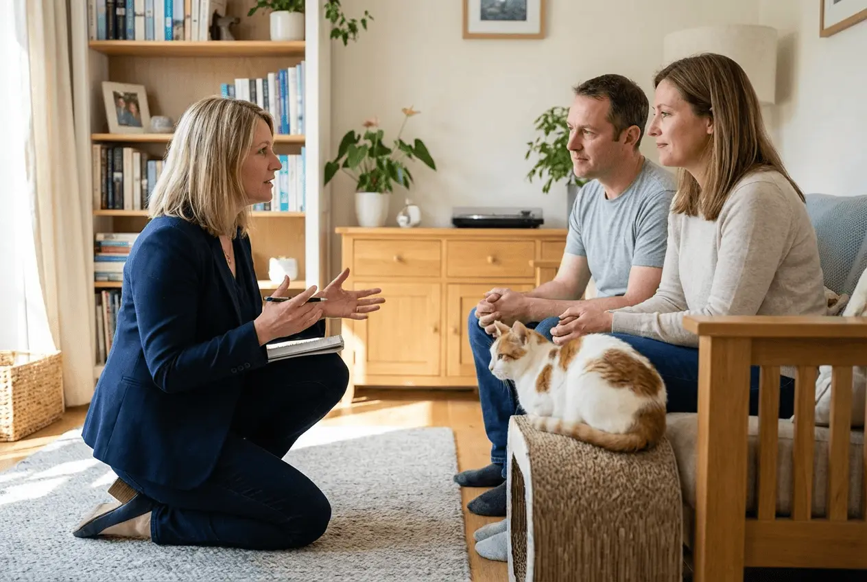 Glückliche Katze und Verhaltensberaterin bei der Terminplanung am Laptop für Hausbesuche