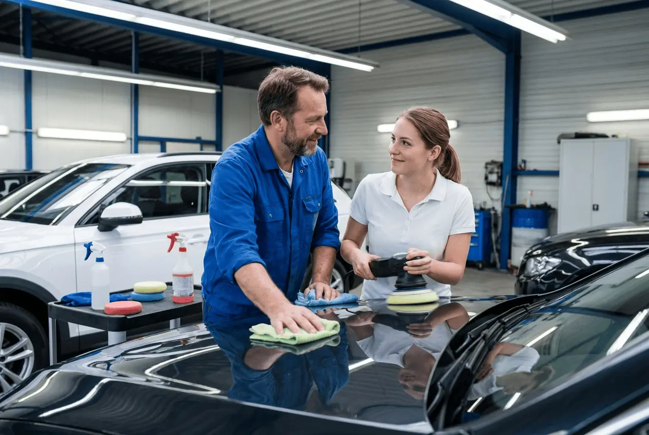 Innenraumreinigung und Lackpolitur in einer modernen KFZ-Aufbereitungswerkstatt